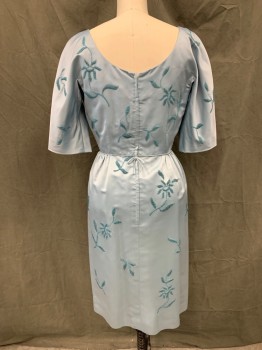 N/L, Lt Blue, Silk, Beaded, Solid, Floral, Lt Blue with Blue Floral Beaded Pattern, Scoop Neck, Dolman 3/4 Sleeve, Gathered Skirt with Piping Waist, Hem Below Knee, Zip Back with Piping Bow Attached at Waist,