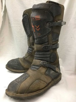 Mens, Sci-Fi/Fantasy Boots , FORMA, Brown, Black, Orange, Leather, Rubber, Color Blocking, 12, Aged/Distressed,  Almost Knee High, Velcro And Buckle Closure, Embossed Rubber Bits, Multiples
