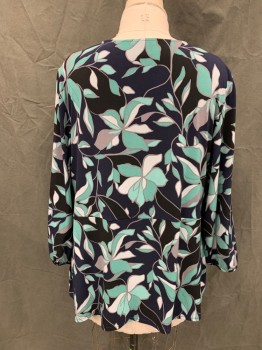 Womens, Top, ALFANI, Navy Blue, Mint Green, Gray, Polyester, Spandex, Floral, 3X, Surplice Top, Wide Peplum, 3/4 Sleeve with Elastic Cuff