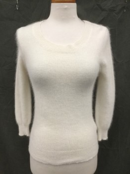 Womens, Pullover, WALLACE, Cream, Angora, Nylon, Solid, XS, Ribbed Knit Scoop Neck, Fuzzy, Long Sleeves, Ribbed Knit Waistband/Cuff