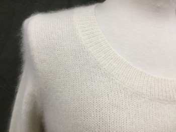 Womens, Pullover, WALLACE, Cream, Angora, Nylon, Solid, XS, Ribbed Knit Scoop Neck, Fuzzy, Long Sleeves, Ribbed Knit Waistband/Cuff