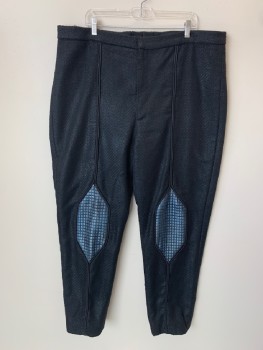 Mens, Sci-Fi/Fantasy Pants, NO LABEL, Black, Iridescent Blue, Wool, Textured Fabric, 42/29, F.F, Black Piping, Blue Patch On Knee, Zip Front, Made To Order