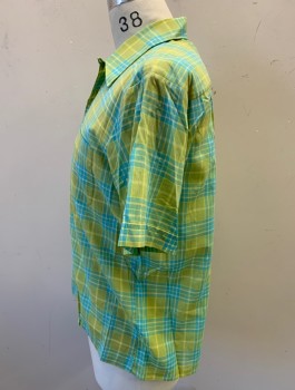 Mens, Shirt, SEARS, Avocado Green, Turquoise Blue, Lt Yellow, Polyester, Cotton, Plaid, N15/5, M, Button Front, Collar Attached with Top Button Loop, Short Sleeves, 1 Pocket,