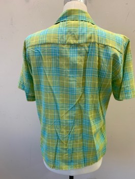 Mens, Shirt, SEARS, Avocado Green, Turquoise Blue, Lt Yellow, Polyester, Cotton, Plaid, N15/5, M, Button Front, Collar Attached with Top Button Loop, Short Sleeves, 1 Pocket,
