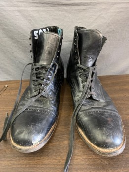 Mens, Boots 1890s-1910s, STACY ADAMS, Black, Leather, Solid, 12 EE, Perforated Cap Toe, Lace, Up Ankle Boot,