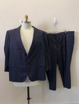 GEORGE, Navy Blue, Wool, Herringbone, Solid, Single Breasted, 2 Buttons, Notched Lapel, 3 Pockets, 2 Back Vents, *Small Stains on Right Chest and Left Sleeve*