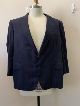 GEORGE, Navy Blue, Wool, Herringbone, Solid, Single Breasted, 2 Buttons, Notched Lapel, 3 Pockets, 2 Back Vents, *Small Stains on Right Chest and Left Sleeve*