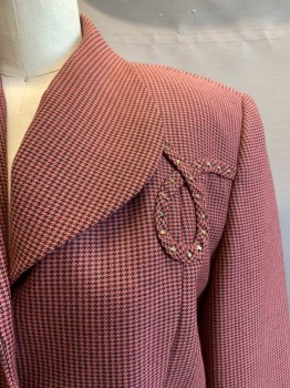 Womens, 1940s Vintage, Suit, Jacket, ZELDA, Mauve Pink, Black, Wool, Holiday, W: 24, B: 34, C.A., Single Breasted, Button Front, 2 Welt Pockets, Loop Shape Trim with Rhinestones