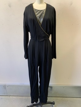 JOAN WALTERS, Black, Rayon, Acetate, Solid, Crepe, Gold Piping Trim, L/S, Panel of Dark Silver Lamé at Bust, Surplice Front, Pleated Waist, Tapered Leg