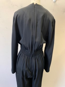 JOAN WALTERS, Black, Rayon, Acetate, Solid, Crepe, Gold Piping Trim, L/S, Panel of Dark Silver Lamé at Bust, Surplice Front, Pleated Waist, Tapered Leg