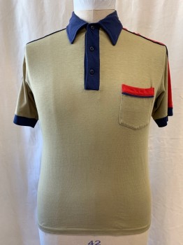 Mens, Polo Shirt, JC PENNEY, Khaki Brown, Red, Navy Blue, Poly/Cotton, Color Blocking, 40, Collar Attached, 1/4 Button Front, Short Sleeves