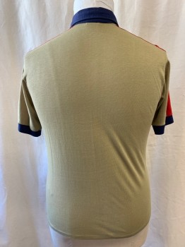JC PENNEY, Khaki Brown, Red, Navy Blue, Poly/Cotton, Color Blocking, Collar Attached, 1/4 Button Front, Short Sleeves