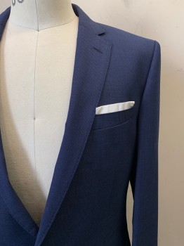 HUGO BOSS, Navy Blue, Blue, Wool, 2 Color Weave, 2 Buttons, Single Breasted, Notched Lapel, 3 Pockets, Stitched Pocket Square