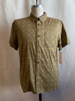 Mens, Casual Shirt, QUICKSLVER, Olive Green, Dk Green, Synthetic, Swirl , C: 44, M, Button Front, CA, 1 Pocket, Cuffed S/S