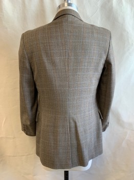 NL , Brown, Beige, Blue, Orange, Wool, Plaid, Notched Lapel, Single Breasted, Button Front, 2 Buttons, 3 Pockets
