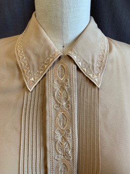 CLAUDIA RICHARD, Ecru, Rayon, Collar Attached, Button Front, Long Sleeves, Embroidered Pattern on Collar and Along Placket, Pleated Vertical Panels