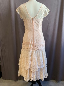 J.C. PENNEY, Peachy Pink, White, Acetate, Nylon, Floral, Lace Overlay Dress, Cap Sleeve, Peach Pink Strapless Taffeta with V-neck, Drop Waist, Zip Back, Gathered Waistband, 2 Lace Ruffle Hem