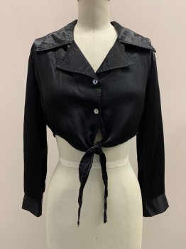 Womens, Evening Tops, ELEVEN, Black, Rayon, Solid, B34, S, L/S, Button Front With Tie, Collar Attached, Cropped