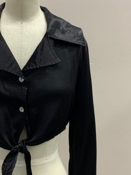 Womens, Evening Tops, ELEVEN, Black, Rayon, Solid, B34, S, L/S, Button Front With Tie, Collar Attached, Cropped