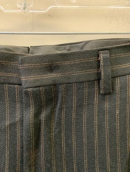 N/L MTO, Espresso Brown, Lt Brown, Wool, Stripes - Pin, Flat Front, Zip Fly, 4 Pockets, Belt Loops, Suspender Buttons at Inside Waistband, Made To Order, Retro