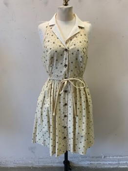 Womens, Dress, Sleeveless, MAEVE, Beige, Black, Yellow, Cotton, Insects Print, 6, C.A., Notched Lapel, Button Front, Drawstring Waist, Gathered at Waist, Trapezoid Back, Elastic Back, 2 Pockets,