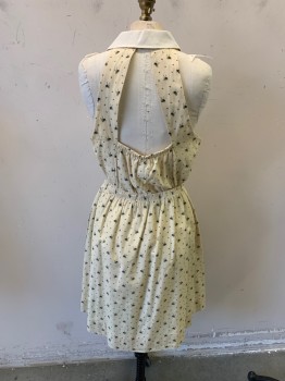 Womens, Dress, Sleeveless, MAEVE, Beige, Black, Yellow, Cotton, Insects Print, 6, C.A., Notched Lapel, Button Front, Drawstring Waist, Gathered at Waist, Trapezoid Back, Elastic Back, 2 Pockets,