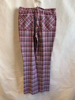 Mens, Pants, WRANGLER, Navy Blue, White, Red, Polyester, Plaid, 32/34, Top Pockets, Zip Front, 2 Patch Pockets, Plum Stitching on Pockets