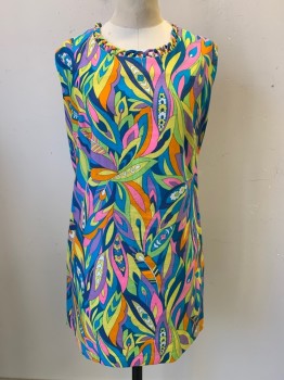 NO LABEL, Turquoise Blue, Lime Green, Orange, Purple, Pink, Cotton, Floral, Sleeveless, Loop Neck Detail, Back Zipper, Straight Fit