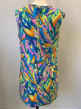 NO LABEL, Turquoise Blue, Lime Green, Orange, Purple, Pink, Cotton, Floral, Sleeveless, Loop Neck Detail, Back Zipper, Straight Fit