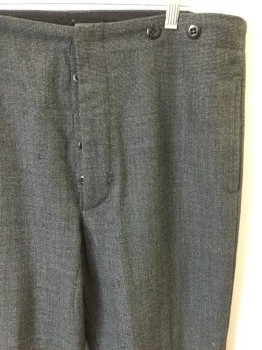 Mens, Pants 1890s-1910s, MTO, Black, White, Wool, Heathered, 30, 38, Upper Class Pants, Button Fly, 2 Slit Pockets. **Holes At Fly/Front Thigh/CB/Right Side Of Seat