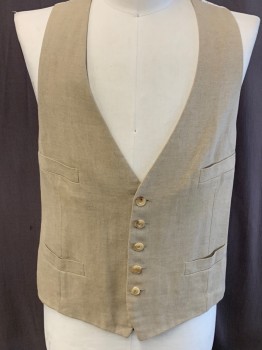 Mens, Vest, GIORGIO ARMANI, Beige, Off White, Gray, Linen, Silk, Solid, Stripes - Vertical , C 38, Button Front, 4 Pockets, Back Belt