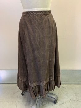 Womens, Historical Fiction Skirt, MTO, Brown, Cotton, W26, 3 Panel Front, Pleated Hem Ruffle, Button Back, Pleated Back Waist