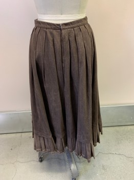 Womens, Historical Fiction Skirt, MTO, Brown, Cotton, W26, 3 Panel Front, Pleated Hem Ruffle, Button Back, Pleated Back Waist