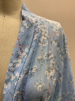 PAPINELLE, Lt Blue, White, Multi-color, Silk, Cotton, Floral, Shawl Collar, Plum Colored Branches, Purple Centers In Flowers, Matching Tie Belt