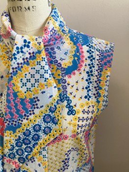Womens, Shirt, N/L, B: 38, Blue/ Multi-color, Floral, Neck Tie, Sleeveless, Quarter Zip
