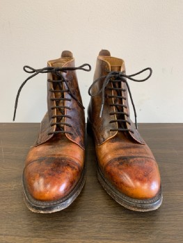JOSEPH CHEANEY, Dk Brown, Caramel Brown, Leather, Ankle High, Aged, Lace Up, Cap Toe