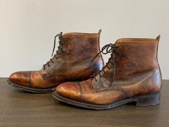 Womens, Boots 1890s-1910s, JOSEPH CHEANEY, Dk Brown, Caramel Brown, Leather, 7.5, Ankle High, Aged, Lace Up, Cap Toe