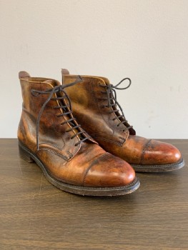 Womens, Boots 1890s-1910s, JOSEPH CHEANEY, Dk Brown, Caramel Brown, Leather, 7.5, Ankle High, Aged, Lace Up, Cap Toe