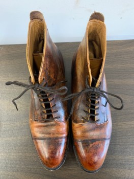 JOSEPH CHEANEY, Dk Brown, Caramel Brown, Leather, Ankle High, Aged, Lace Up, Cap Toe