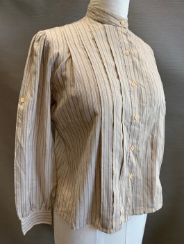 RIVERBANK, Beige, Lt Brown, Gray, Poly/Cotton, Stripes - Pin, Long Puffy Slvs. Gathered at Shoulders, Tab Slvs.,  B.F., Band Collar, Vertical Pleated Front.
