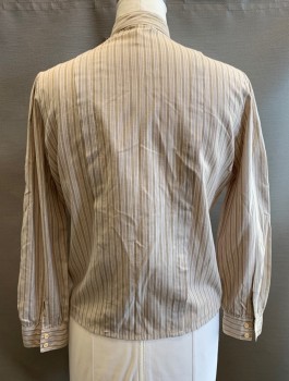 RIVERBANK, Beige, Lt Brown, Gray, Poly/Cotton, Stripes - Pin, Long Puffy Slvs. Gathered at Shoulders, Tab Slvs.,  B.F., Band Collar, Vertical Pleated Front.