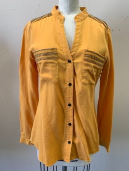 Womens, Blouse, MOODS OF NORWAY, Turmeric Yellow, Tencel, Beaded, Solid, XS, Long Sleeves, Button Front, Band Collar, V-neck, Tiny Brown Seed Bead Stripes at 2 Pockets and Back Shoulders