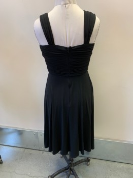 JESSICA HOWARD, Black, Polyester, Spandex, Solid, Slvls, Pleated Bust, High Waist, Rouched Cummerbund with Faux Sash, Back Zip