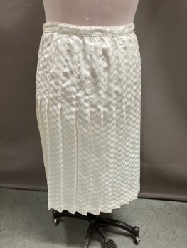 TAN F JAY, Ivory White, Polyester, Solid, Jacquard, Scales, Drop Pleated Skirt, Side Zip
