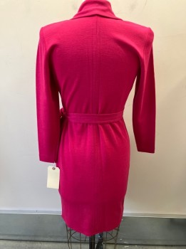 LIZ CLAIBORNE, Hot Pink, Acrylic, Wool, Solid, L/S, Shawl Collar, Wrap Dress, Gathered At Belted Waist