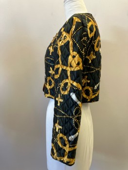 MOSCHINO, Black/gold Shiny Quilted Plumbing Print, CN, SB. L/S, 3 Novelty Gold Faucet Faux Buttons