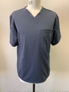 GREY'S ANATOMY, Dk Gray, Polyester, Rayon, Solid, V-neck, Pullover, Short Sleeves, 1 Chest Pocket, Pockets on Sleeves