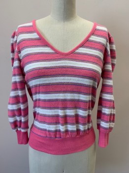 STATION SQUARE, Pink, White, Blue, Yellow, Purple, Cotton, Polyester, Stripes - Horizontal , V Neck, Pullover, L/S, Rib Knit @collar, Cuff & Waistband