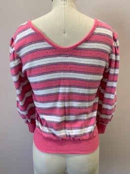 STATION SQUARE, Pink, White, Blue, Yellow, Purple, Cotton, Polyester, Stripes - Horizontal , V Neck, Pullover, L/S, Rib Knit @collar, Cuff & Waistband