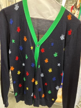 Childrens, Cardigan Sweater, GUCCI, 12, Navy Wool with Multicolor Bugs And Stars, V-N, B.F., Green Neck Edge